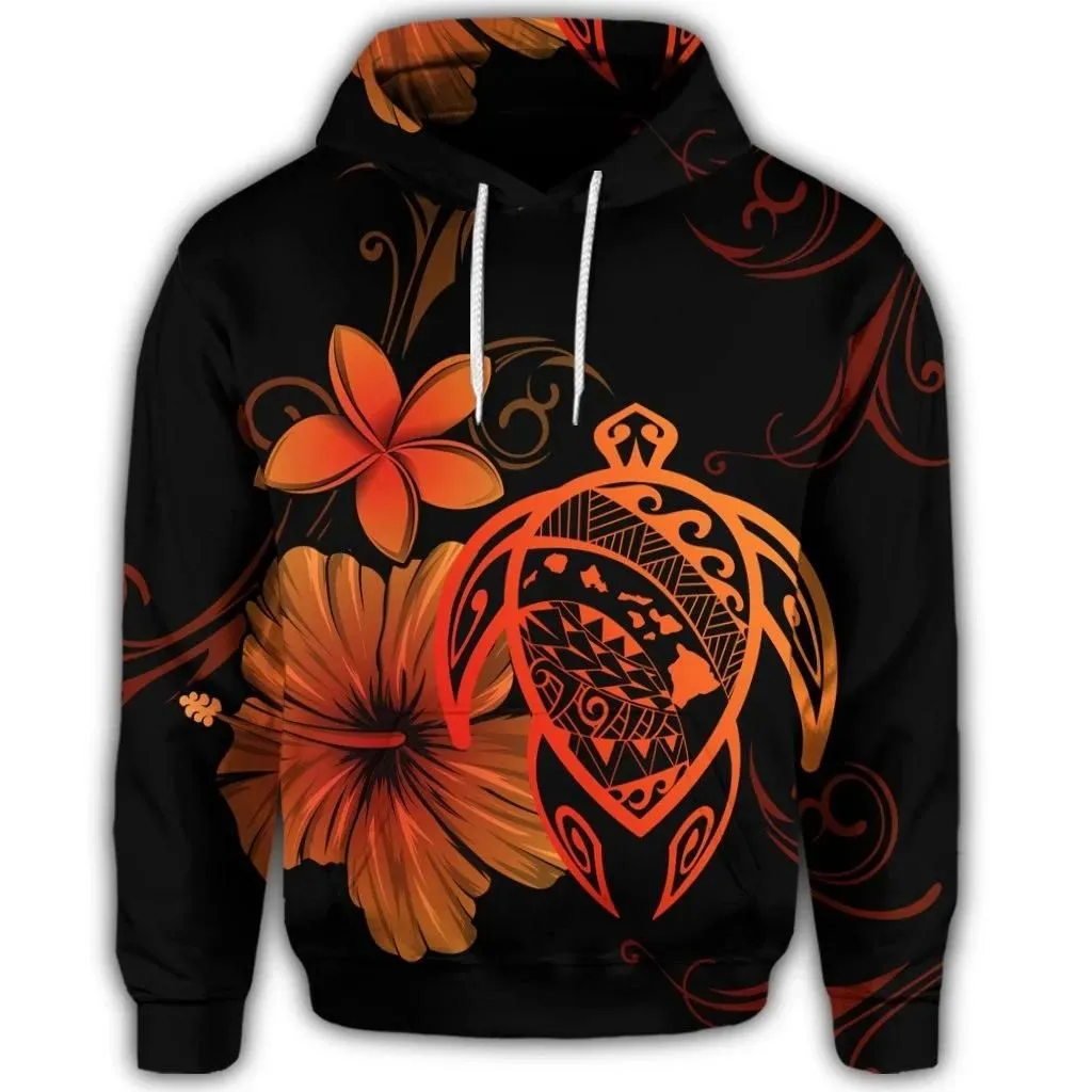 Alohawaii Hoodie - Hawaiian Map Turtle Hibiscus Plumeria Polynesian Hoodie - Orange - AH - J4R