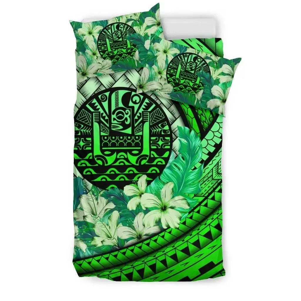 FamilyGater Bedding Set - Cover and Pillow Cases Tahiti - Lauhala Polynesian Hibiscus Green A24