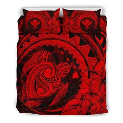 FamilyGater Bedding Set - Cover and Pillow Cases Hawaiian Map Kanaka Honu Hibiscus Red Globular Polynesian - AH - JD
