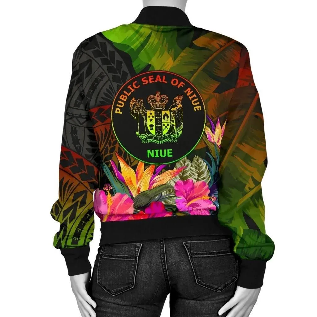 Niue Polynesian Women's Bomber Jacket - Hibiscus and Banana Leaves - BN15