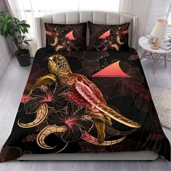 Tokelau Polynesian Bedding Set - Turtle With Blooming Hibiscus Gold