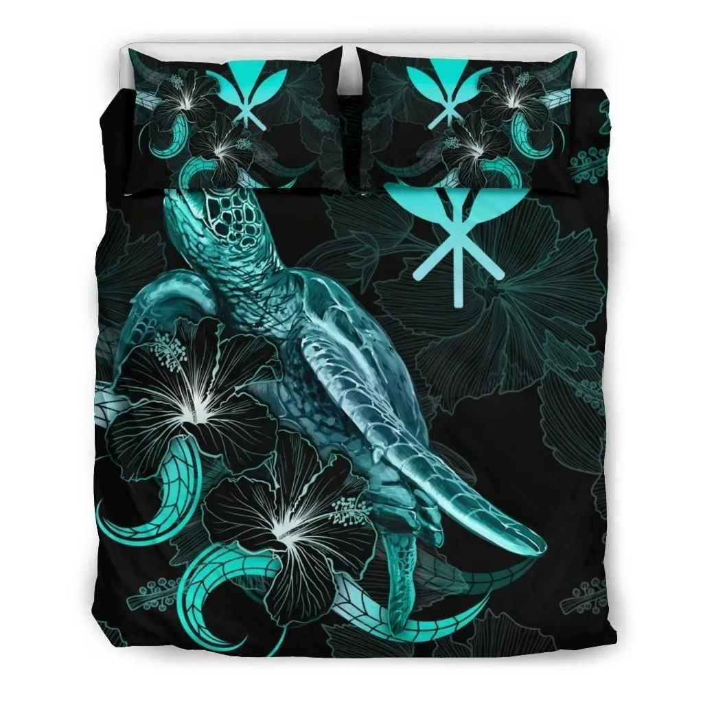 Alohawaii Bedding Set - Cover and Pillow Cases Hawaii Polynesian - Turtle With Blooming Hibiscus Turquoise - BN22