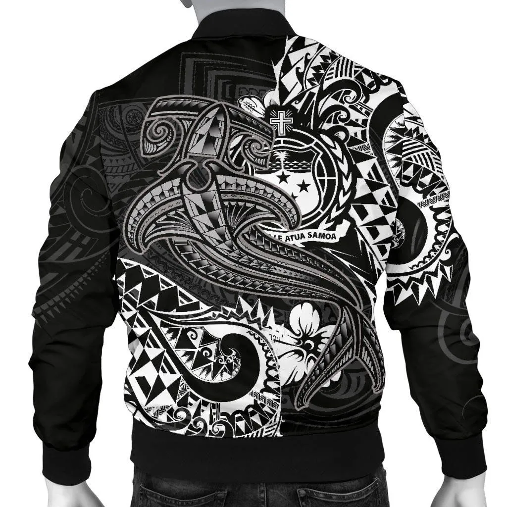 Samoa Men's Bomber Jacket - White Shark Polynesian Tattoo - BN18