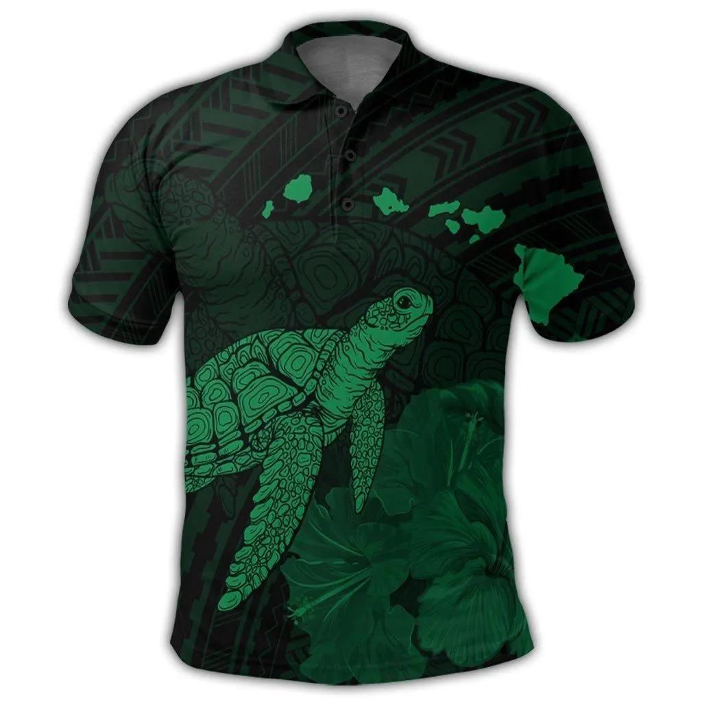 Hawaii Polynesian Hibiscus Turtle Map Polo Shirt Green - AH
