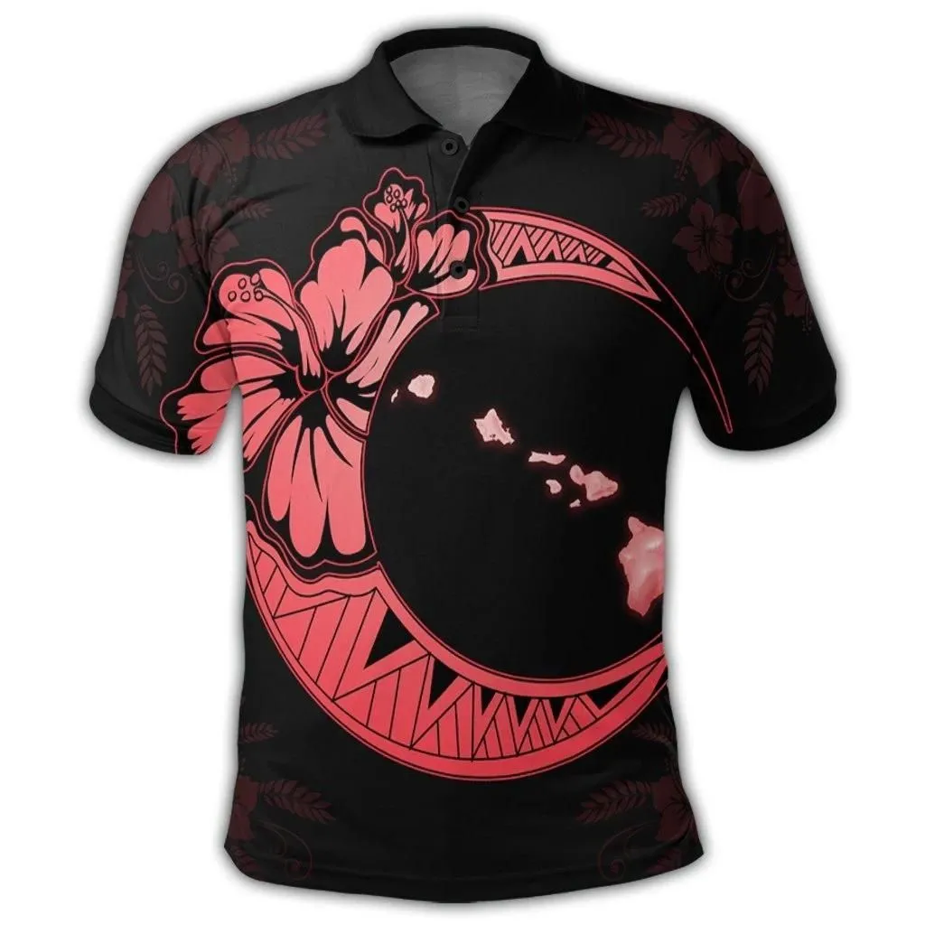 Alohawaii Shirt - Hawaiian Map Hibiscus Turtle Polynesian Moon Polo Shirt Red - AH - JR