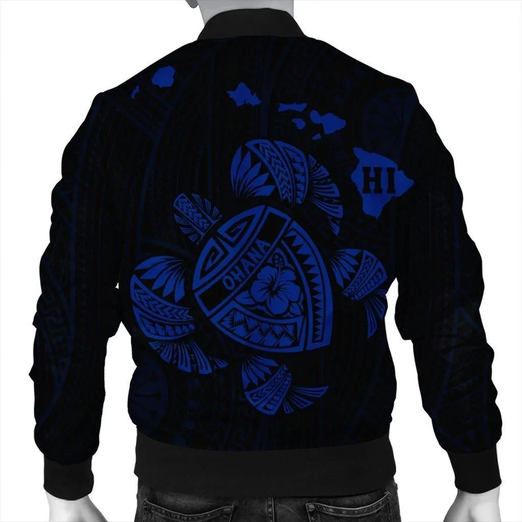 Hawaiian Map Turtle Ohana Hibicus Polynesian Bomber Jacket - Blue