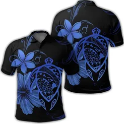 Hawaiian Map Turtle Hibiscus Plumeria Polynesian Polo Shirt - Blue