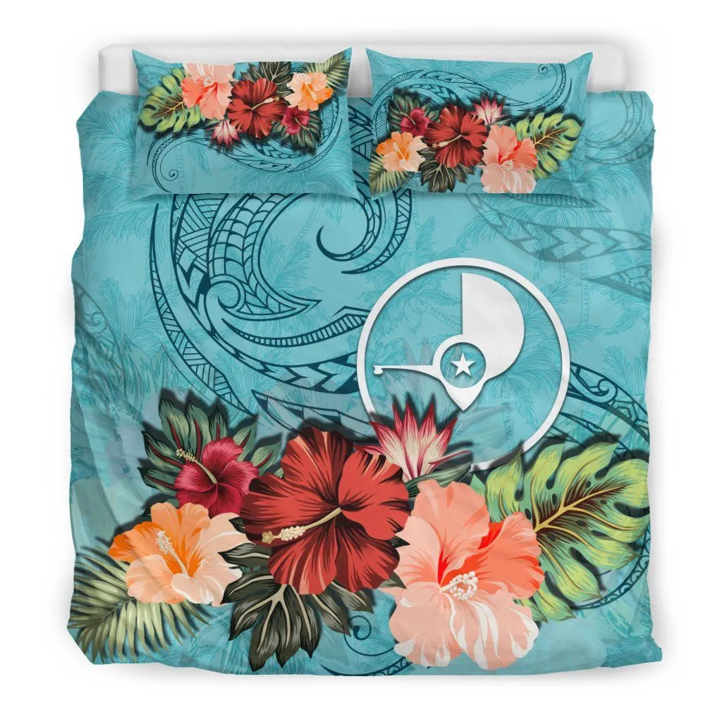 Yap Bedding Set Yap Hibiscus Polynesian Wave Coat Of Arms Duvet Cover Blue TH5