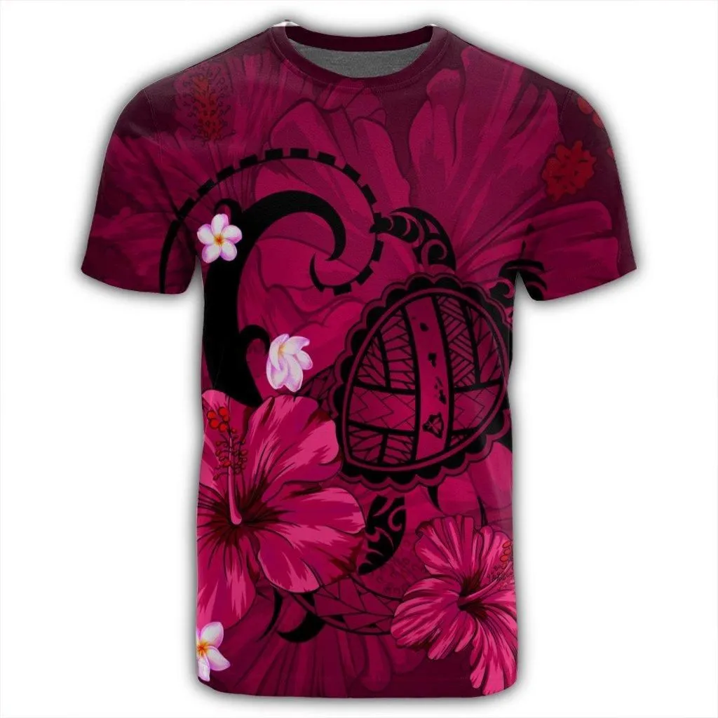 Hawaiian Map Big Turtle Hibiscus Plumeria Tribal Polynesian T-Shirt - Pink - AH