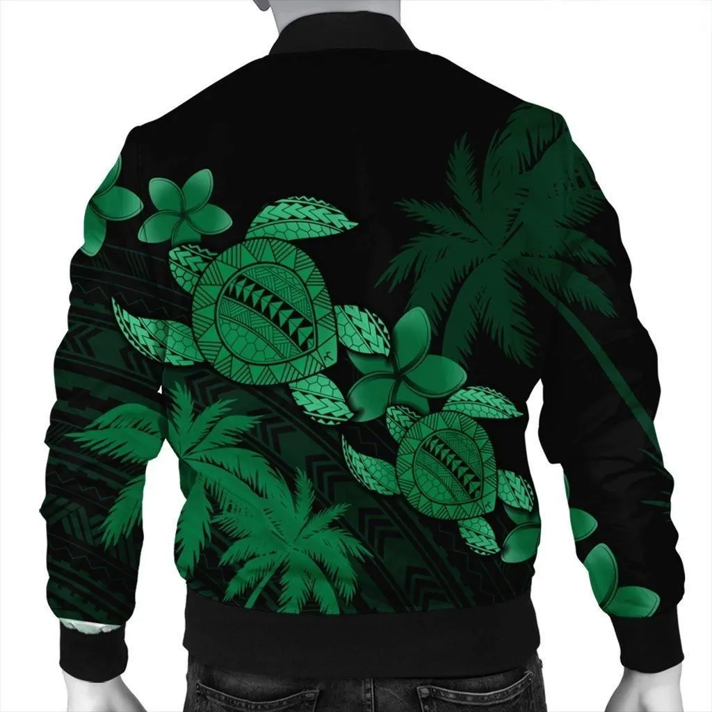 Hawaii Turtle Plumeria Coconut Tree Polynesian Bomber Jacket - Green