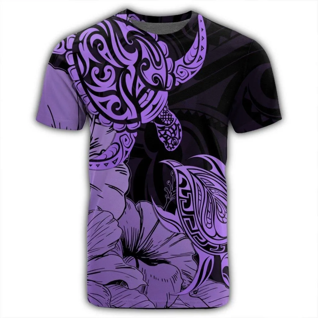 Hawaii Turtle T-Shirt Polynesian Hibiscus Art Violet - AH