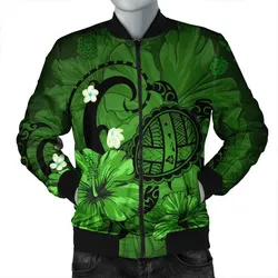 Hawaiian Map Big Turtle Hibiscus Plumeria Tribal Polynesian Bomber Jacket - Green