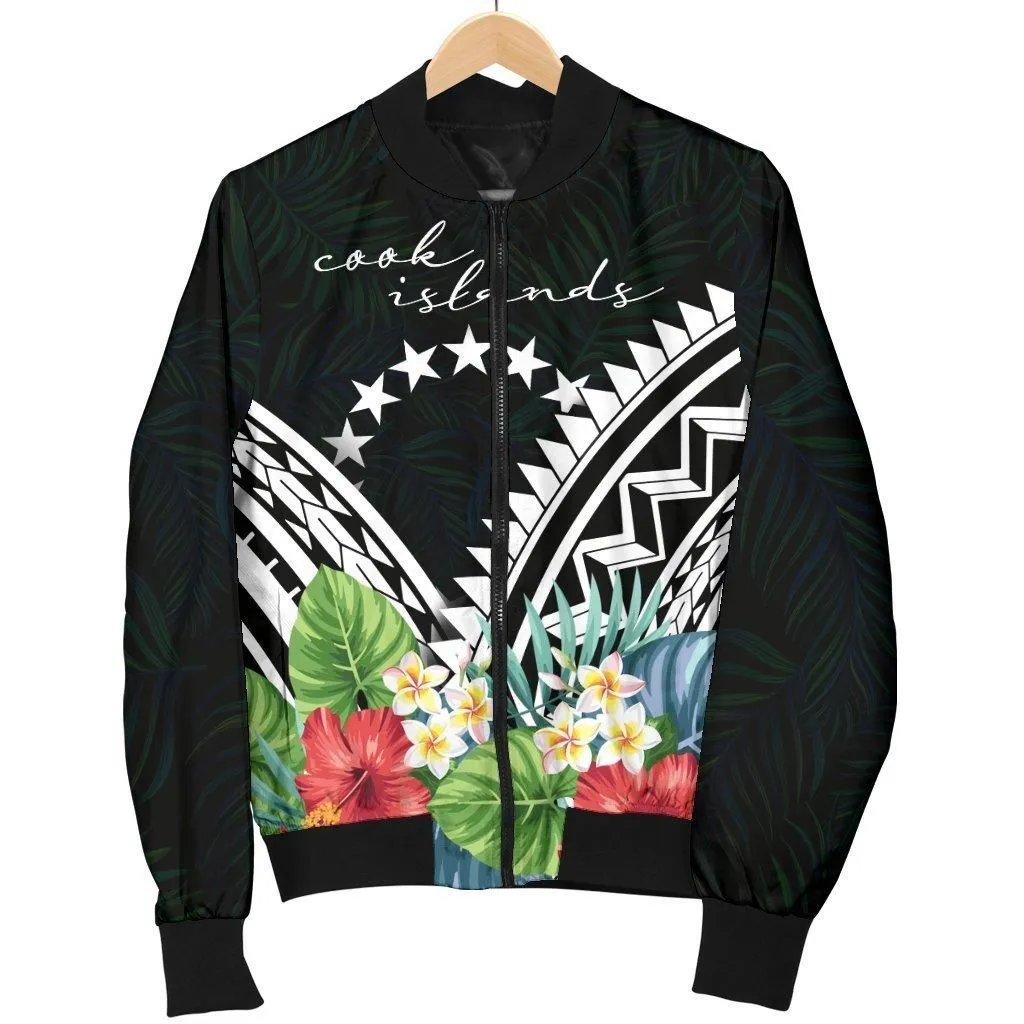 Cook Islands Mens Bomber Jacket - Cook Islands Coat of Arms & Polynesian Tropical Flowers White