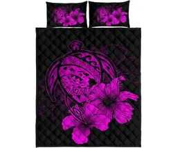 Hawaiian Map Turtle Hibiscus Polynesian Quilt Bedding Set - Violet