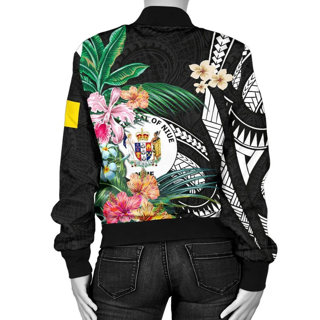 Niue Women's Bomber Jacket Coat Of Arms Polynesian With Hibiscus TH5