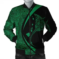 FamilyGater Jacket - Hawaiian Map Manta Ray Polynesian Bomber Jacket - Green - Circle Style - AH - J4R