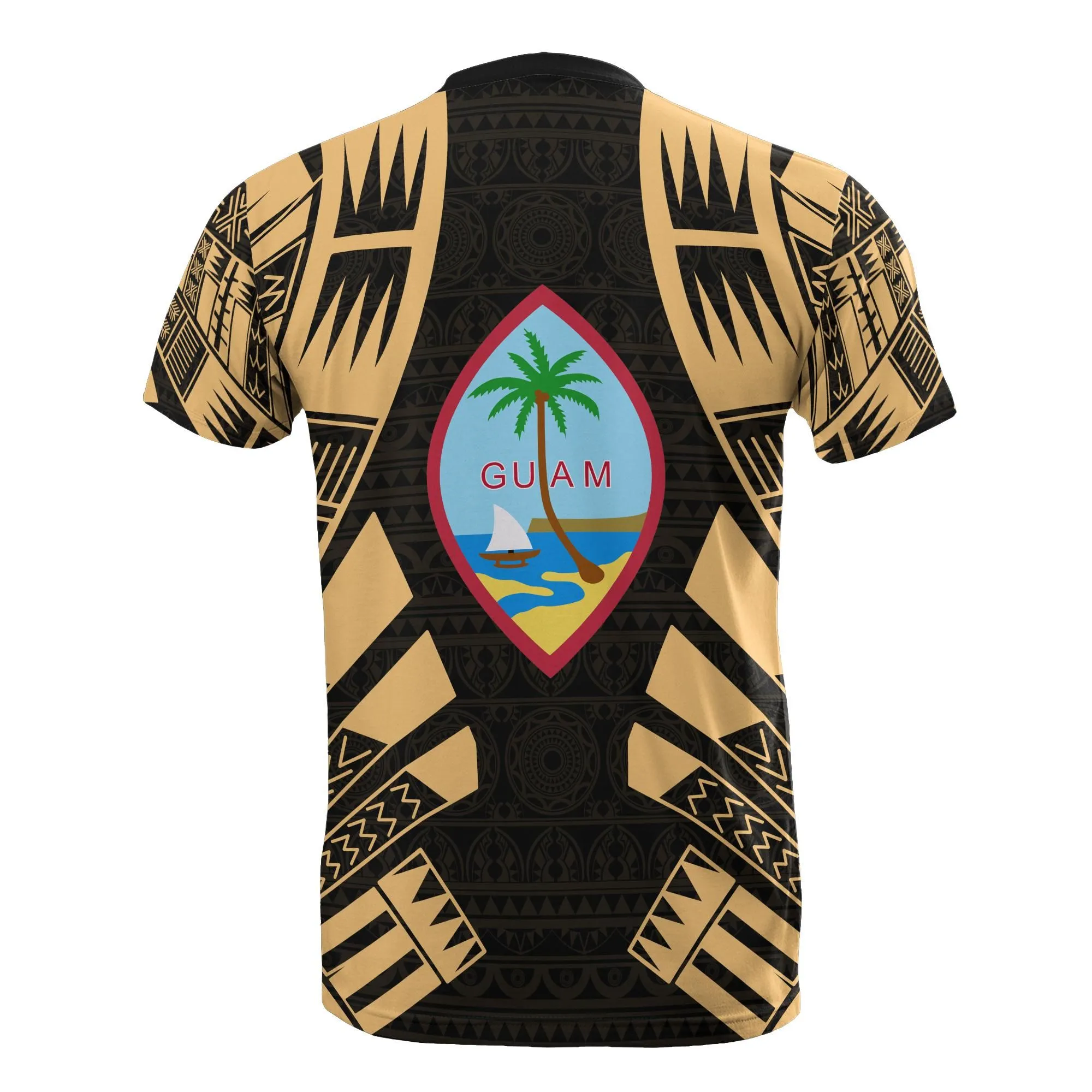 Guam T shirt - Guam Coat of Arms Polynesian Tattoo Gold Style