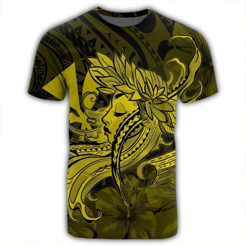 Hawaiian Map Hula Girl Hibiscus Kanaka Polynesian T-Shirt - Yellow - AH