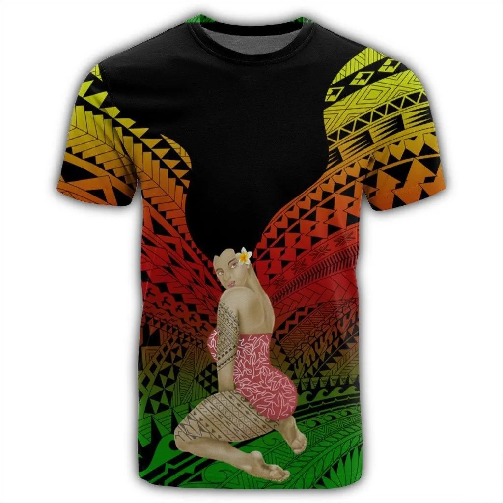 Hawaii Polynesian Hula Girl Wearing Plumeria T-Shirt Reggae - AH