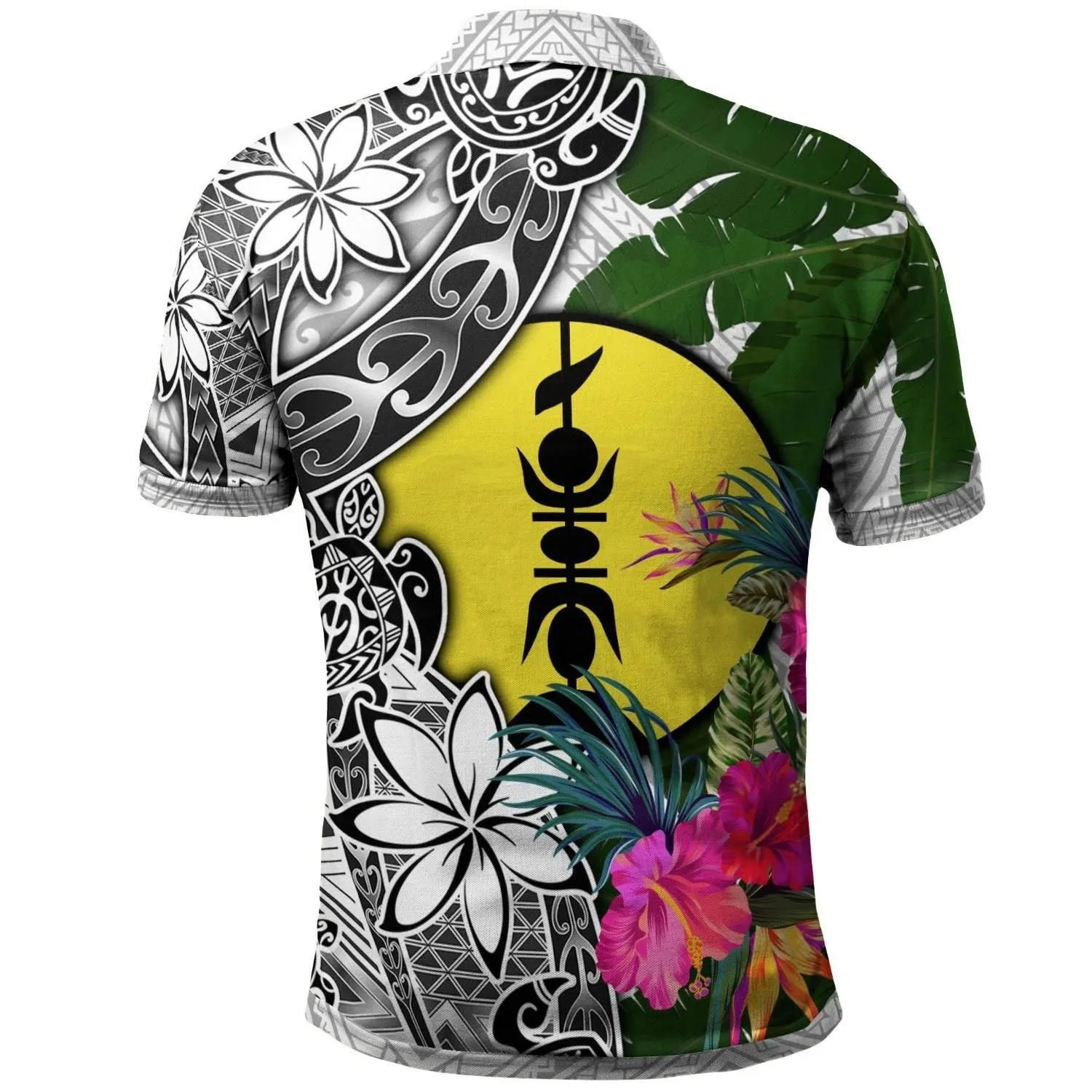 New Caledonia Polo Shirt White - Turtle Plumeria Banana Leaf - BN11