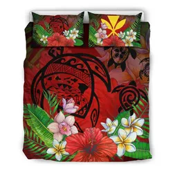 FamilyGater Home Set - Hawaiian Map Hibiscus Plumeria Kanaka Bouquet Turtle Polynesian Bedding Set - AH J9