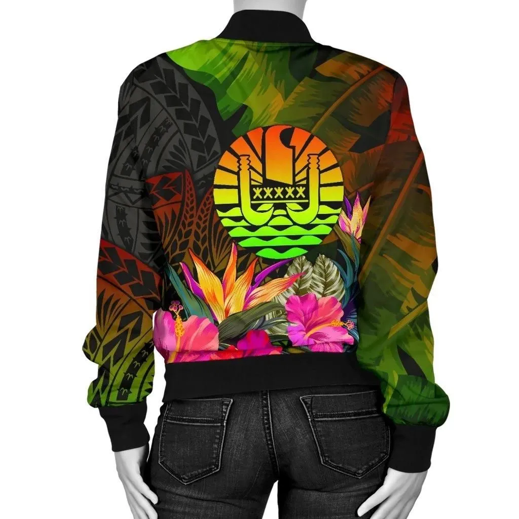 Tahiti Polynesian Women's Bomber Jacket -  Hibiscus and Banana Leaves - BN15