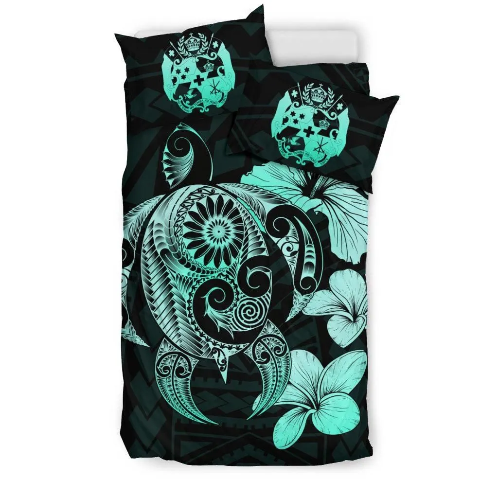 FamilyGater Bedding Set - Cover and Pillow Cases Tonga Hibiscus Plumeria Mix Polynesian Turtle Turquoise J1