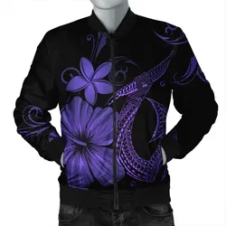FamilyGaterJacket - Hawaiian Fish Hook Hibiscus Plumeria Polynesian Bomber Jacket - Purple - AH - J4R