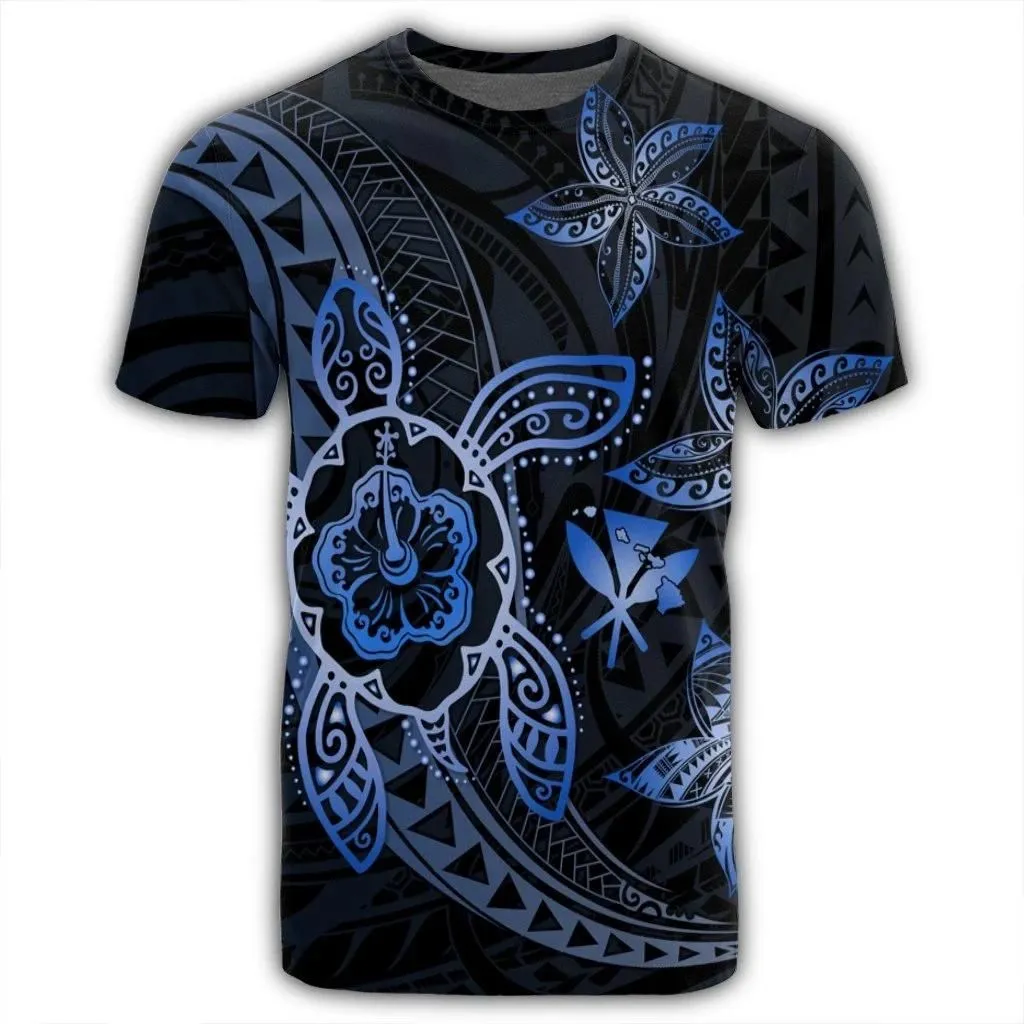 Alohawaii Tee - Kanaka Map Hibiscus Plumeria Turtle Art Blue Polynesian T-shirt AH - JR