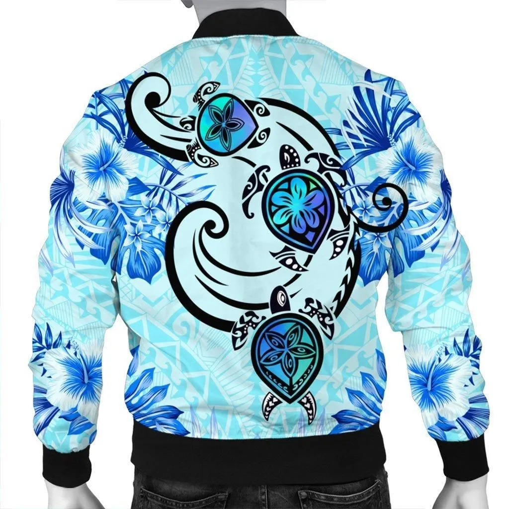 Hawaii Polynesian Plumeria Hibiscus Turtle Bomber Jacket - Jack Style - Blue