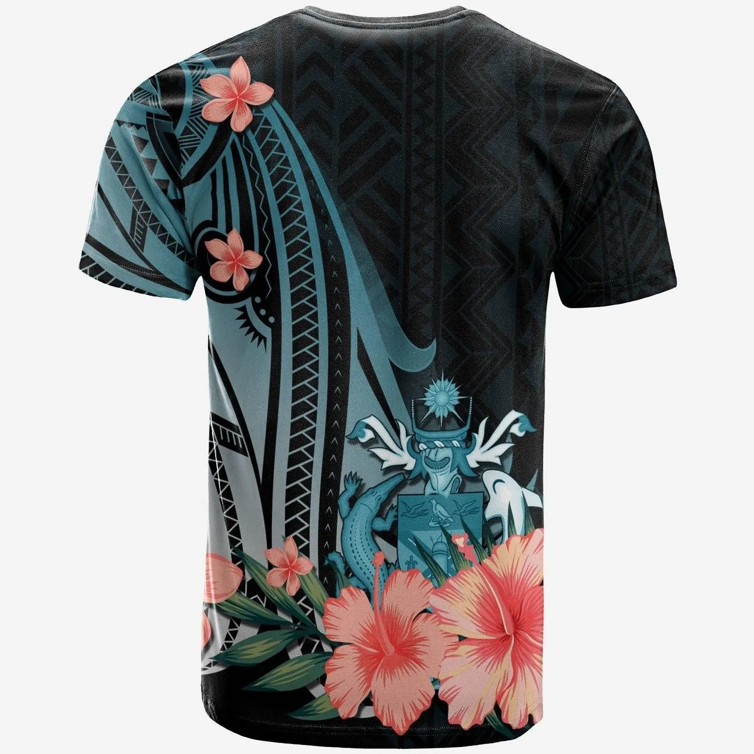 Solomon Islands T shirt - Turquoise Polynesian Hibiscus Pattern Style