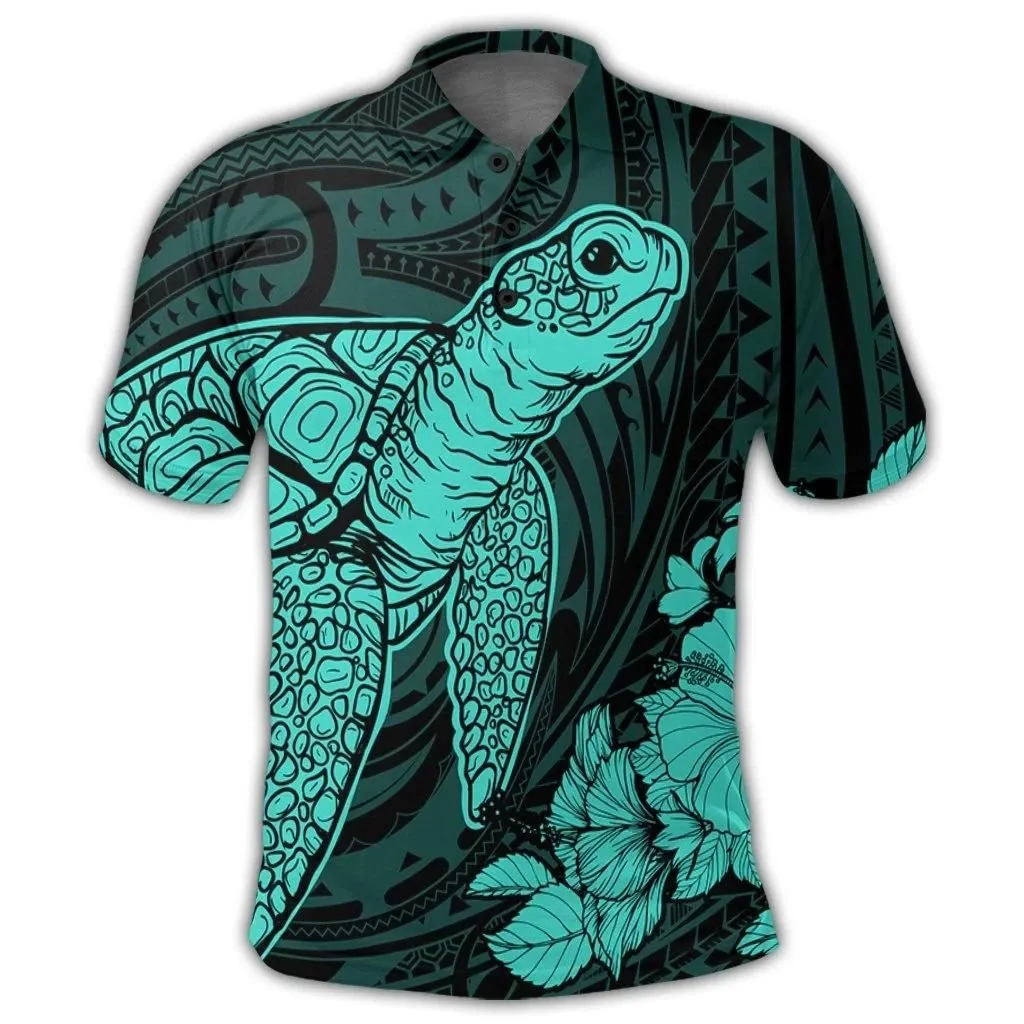 Alohawaii Shirt - Hawaiian Hibiscus Memory Turtle Polynesian Polo Shirt Turquoise - AH - JR
