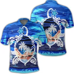 Alohawaii Shirt - Hawaiian Turtle Plumeria Coconut Tree Polynesian Polo Shirt Blue - AH - J4R