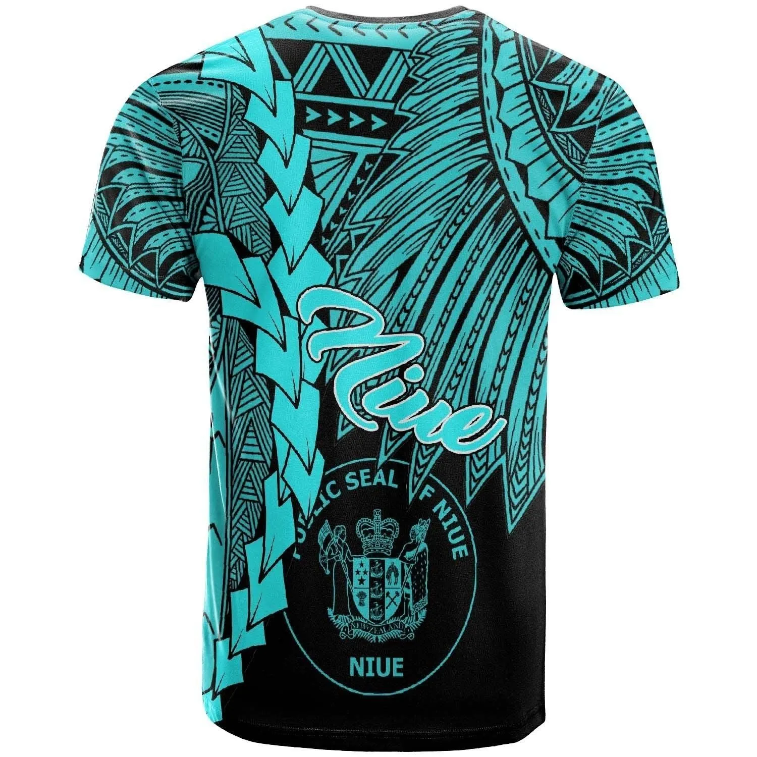 Niue Polynesian Custom Personalised T shirt - Tribal Wave Tattoo Neon Blue