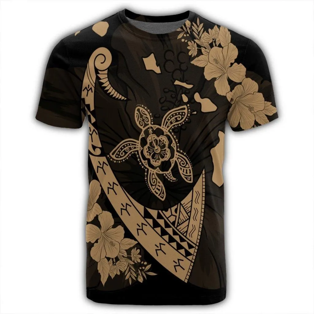 Hawaiian Map Hibiscus Turtle Fish Hook Polynesian T-Shirt Gold - AH