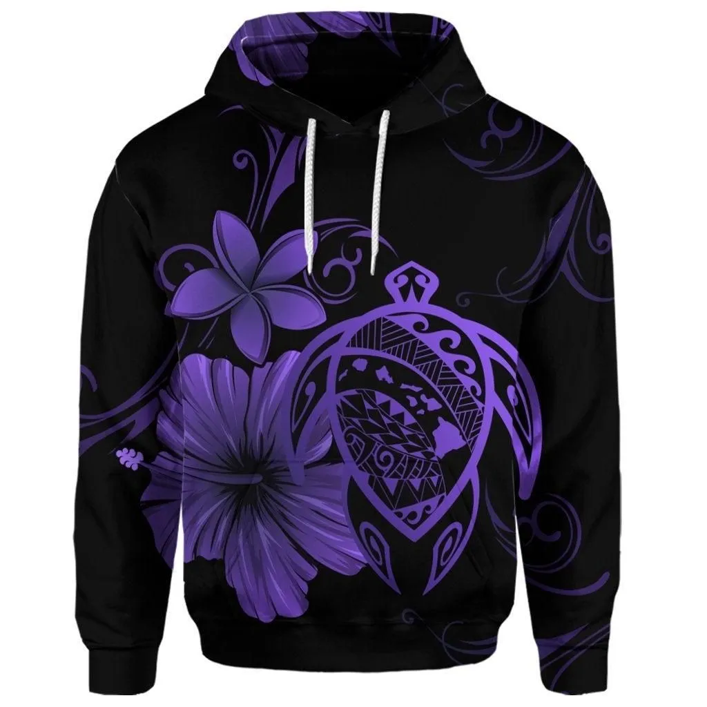 (Personalised) Hawaiian Map Turtle Hibiscus Plumeria Polynesian Hoodie - Purple