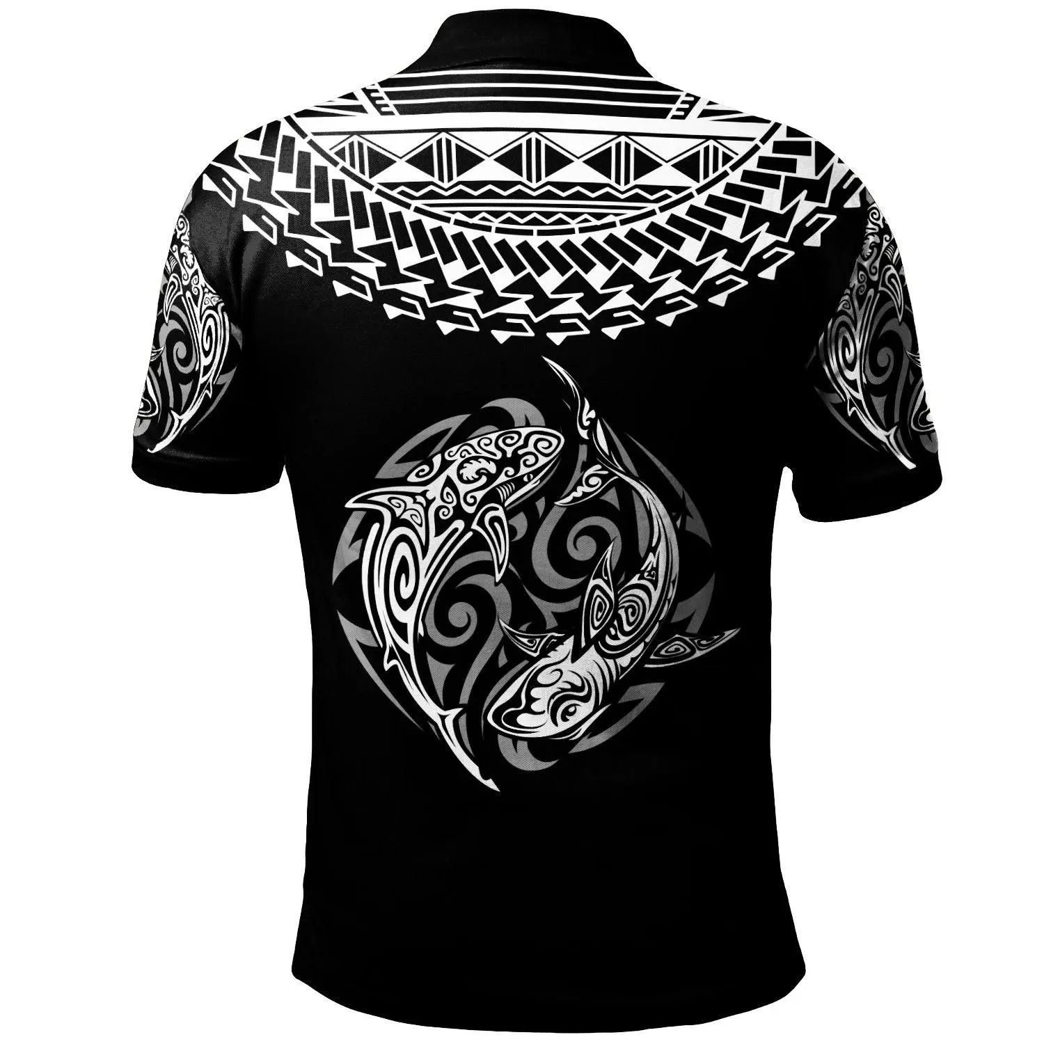 Polynesian Polo Shirt - Polynesian Shark Tattoo White Black Color - BN20