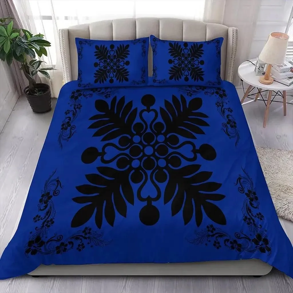 Alohawaii Home Set - Hawaiian Quilt Maui Plant And Hibiscus Pattern Bedding Set - Black Blue - AH J8