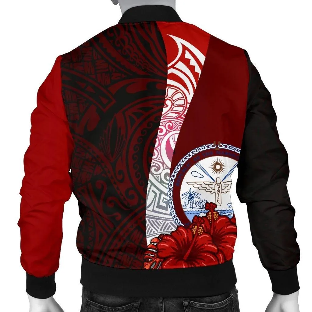 Marshall Islands Polynesian Custom Personalised Mens Bomber Jacket - Coat Of Arm With Hibiscus