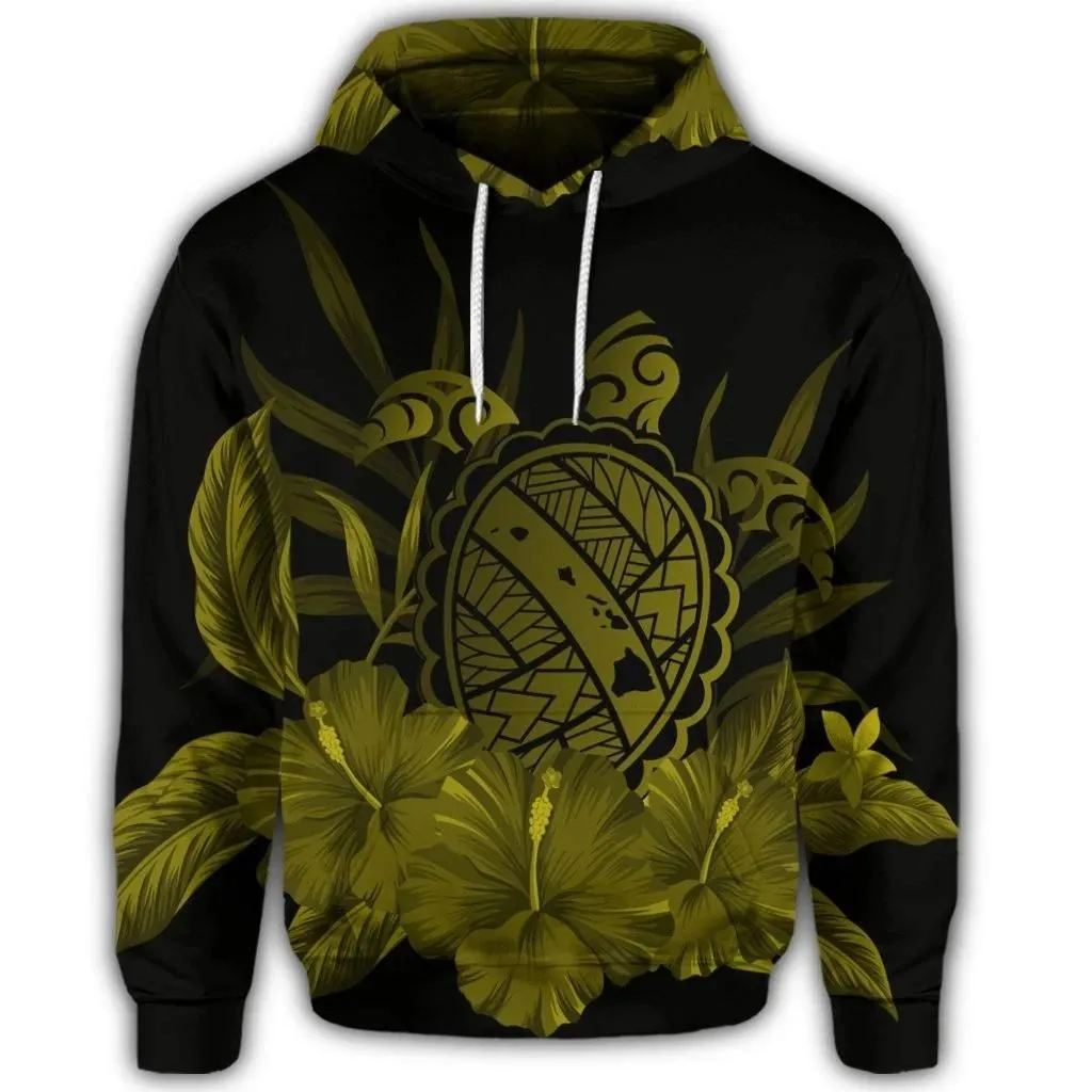 Alohawaii Hoodie - Hawaiian Map Turtle Hibiscus Polynesian Hoodie - Yellow - AH - J4R