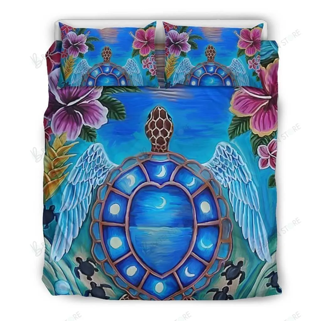 Cook Islands Sea Turtle With Angel Wings Hibiscus Bedding Set Bedroom Decor