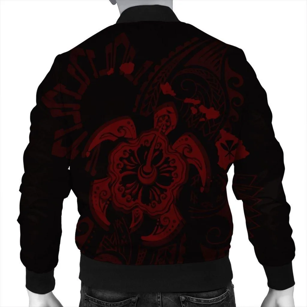 Hawaiian Map Kanaka Hibiscus Turtle Red Polynesian Bomber Jacket