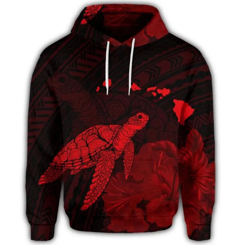 Alohawaii Hoodie - Hawaiian Polynesian Hibiscus Turtle Map Hoodie Red - AH - J5R