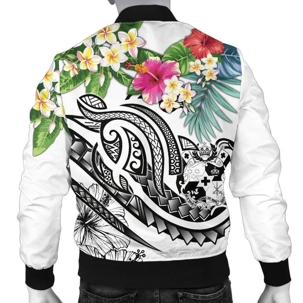 Tonga Polynesian Mens Bomber Jacket - Summer Plumeria (White)