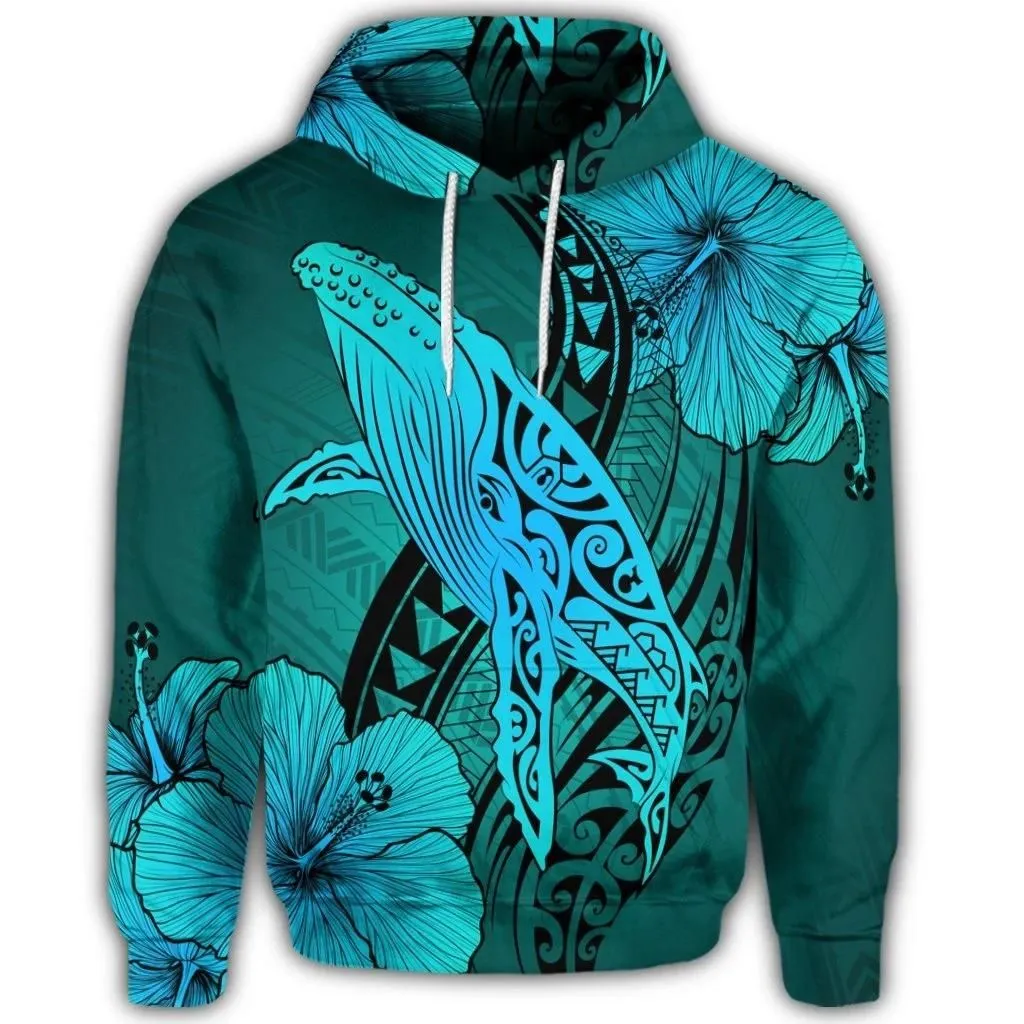 Alohawaii Hoodie - Hawaiian Map Whale Swim Hibiscus Polynesian Hoodie - Turquoise - AH - J6R