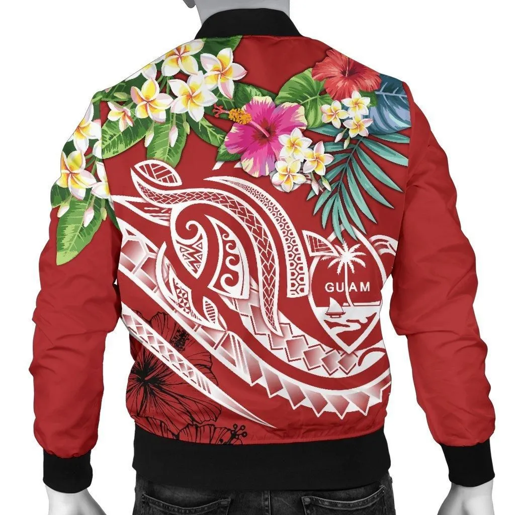 Guam Polynesian Mens Bomber Jacket- Summer Plumeria (Black)