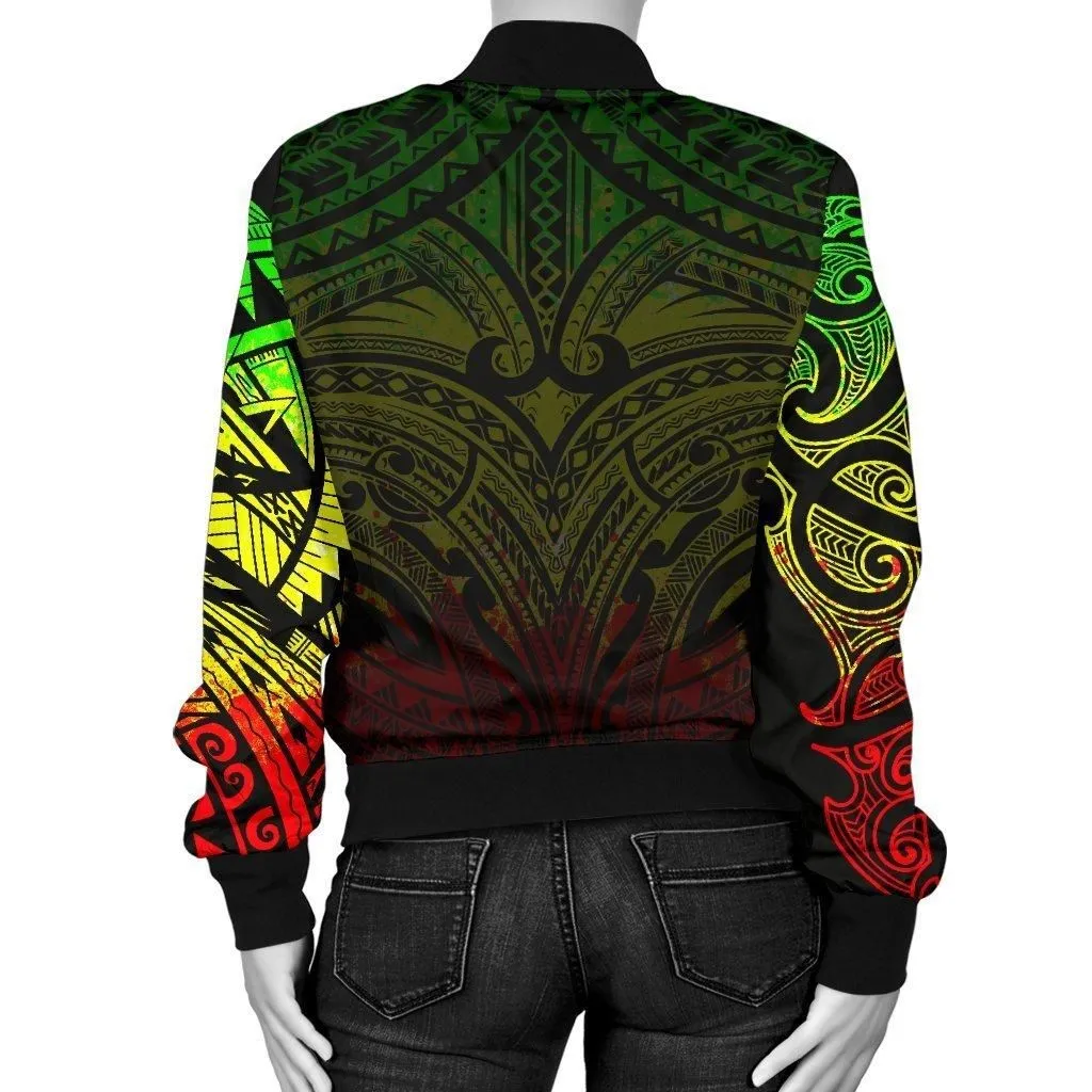 New Zealand Womens Bomber Jacket, Maori Polynesian Tattoo Reggage