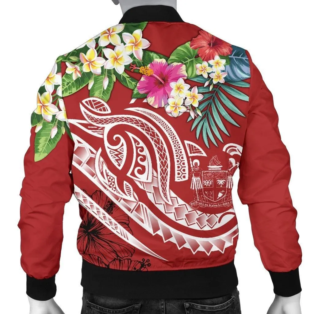 Fiji Polynesian Mens Bomber Jacket- Summer Plumeria (Red)