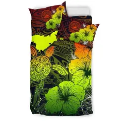 FamilyGater Bedding Set - Cover and Pillow Cases American Samoa Hibiscus Turtle Polynesian - Maps Style Reggae A10