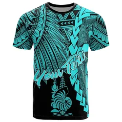 New Caledonia Polynesian Custom Personalised T-Shirt - Tribal Wave Tattoo Neon Blue
